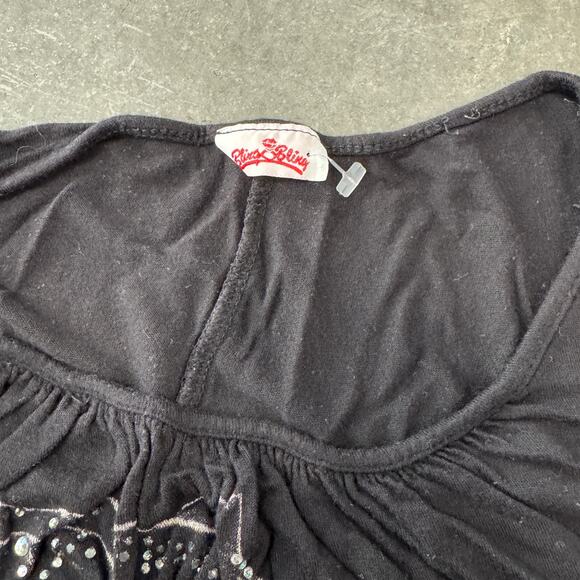 Vintage Y2K Mcbling Rhinestone Black Rose Cutout Sleeve Slouch Top Large - Picture 4 of 5